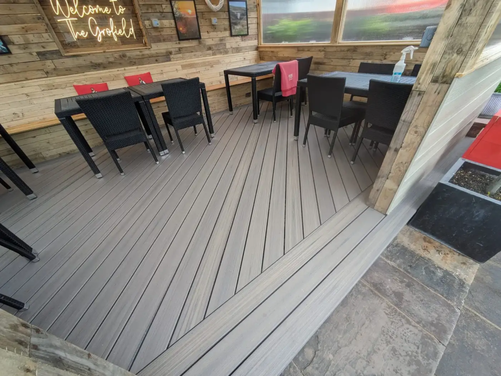 Trex composite decking in the covered seating area at The Grofield pub, Abergavenny
