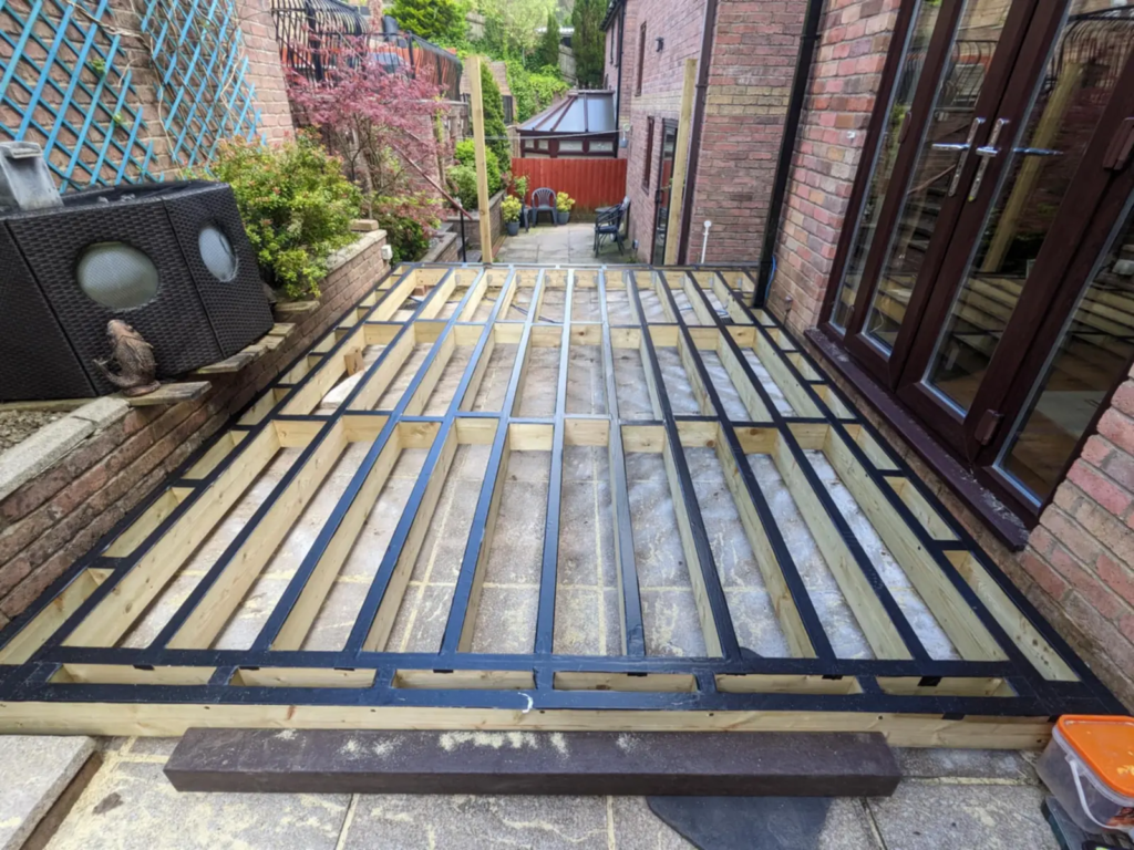 Deck by the patio doors: subframe before the boards went down